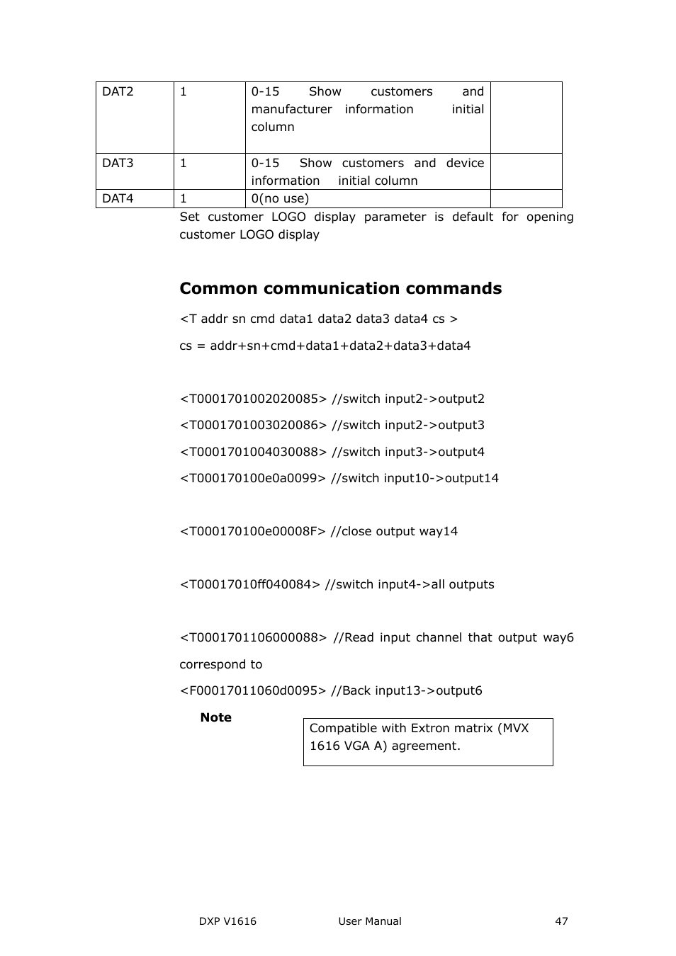 Common communication commands | RGBLink DXP V1616 User Manual User Manual | Page 47 / 50