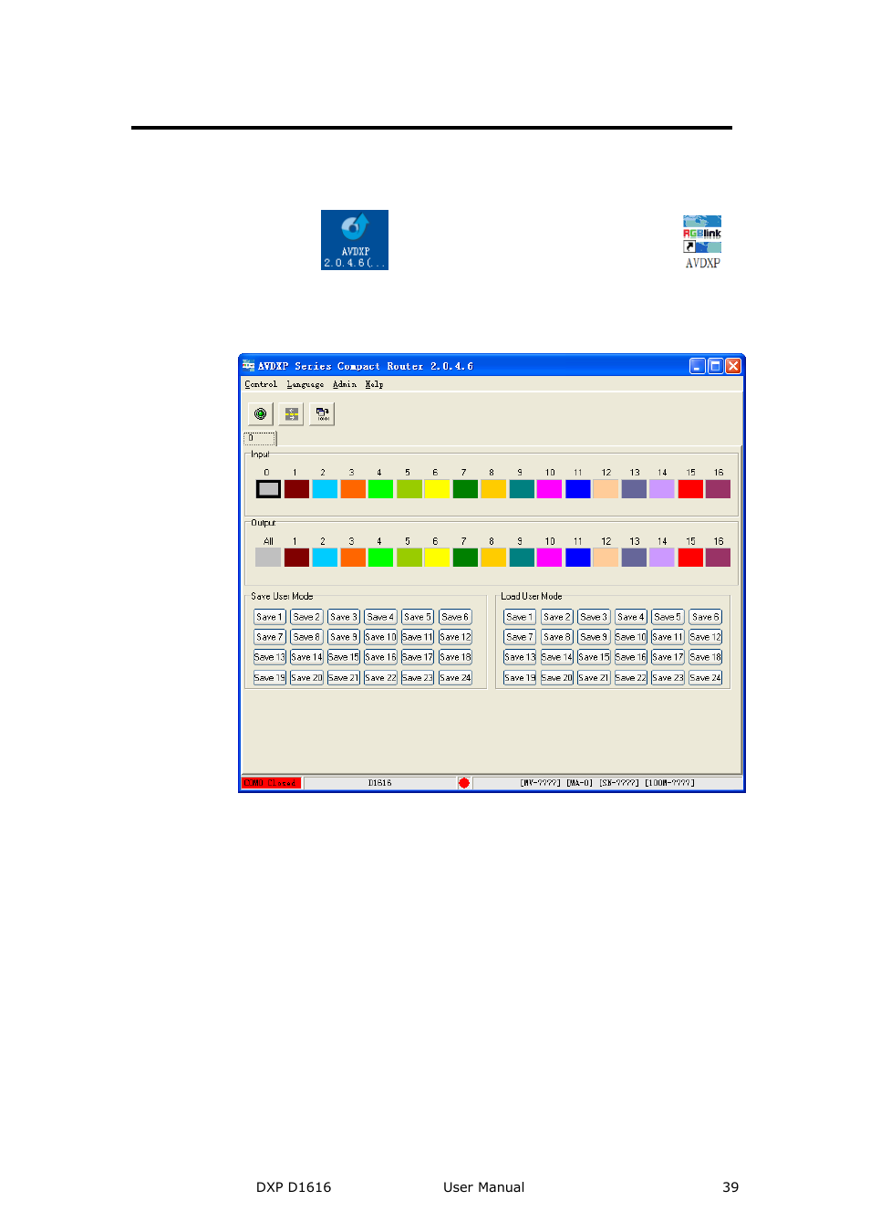 Software operation, File toolbar, Communication software guideline | RGBLink DXP D1616 User Manual User Manual | Page 39 / 76