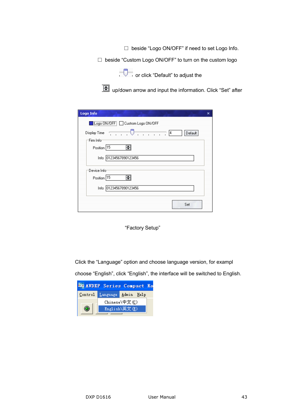 Communication software guideline, Language, Admin | RGBLink DXP D1616 User Manual User Manual | Page 43 / 76