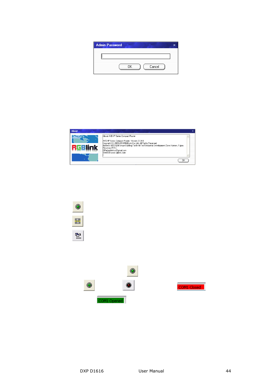 Communication toolbar, Communication software guideline, Help | Open comm | RGBLink DXP D1616 User Manual User Manual | Page 44 / 76