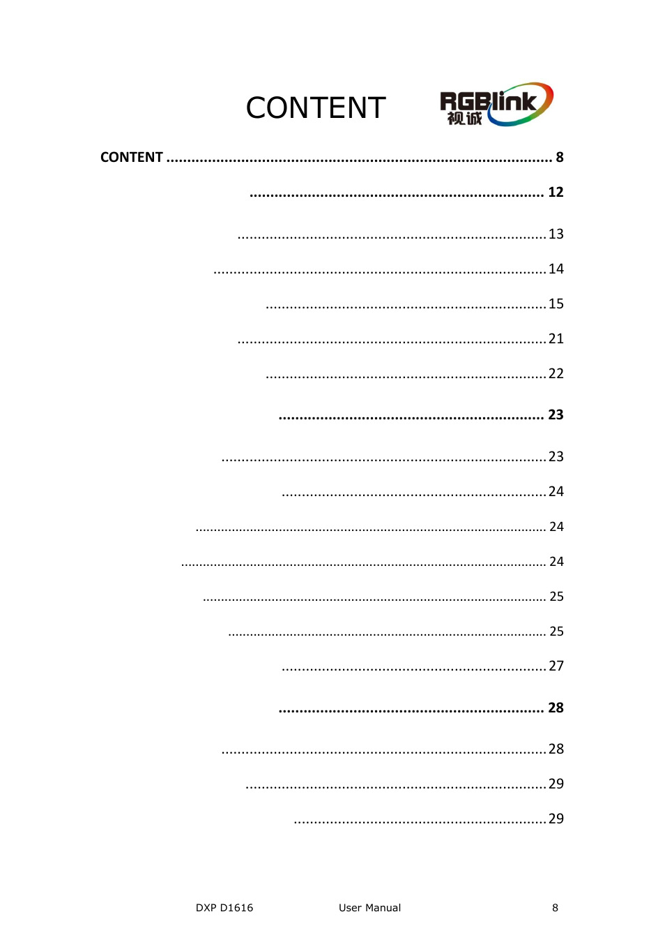 Content | RGBLink DXP D1616 User Manual User Manual | Page 8 / 76