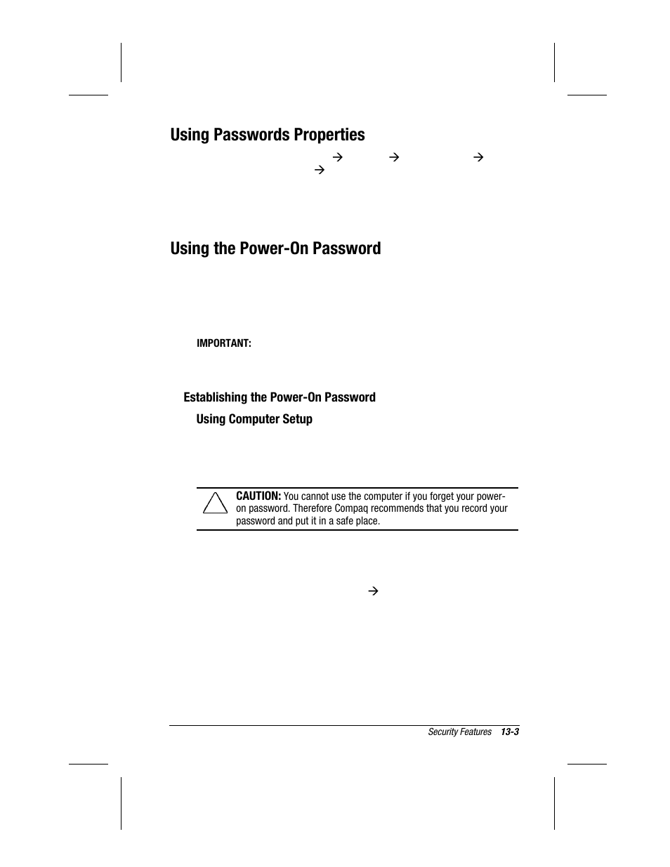 Using passwords properties, Using the power-on password | Compaq 3500 User Manual | Page 101 / 182