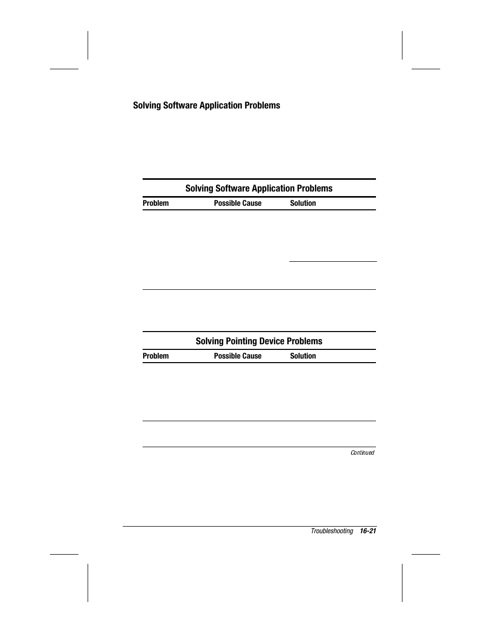 Solving software application problems, Solving pointing device problems | Compaq 3500 User Manual | Page 152 / 182
