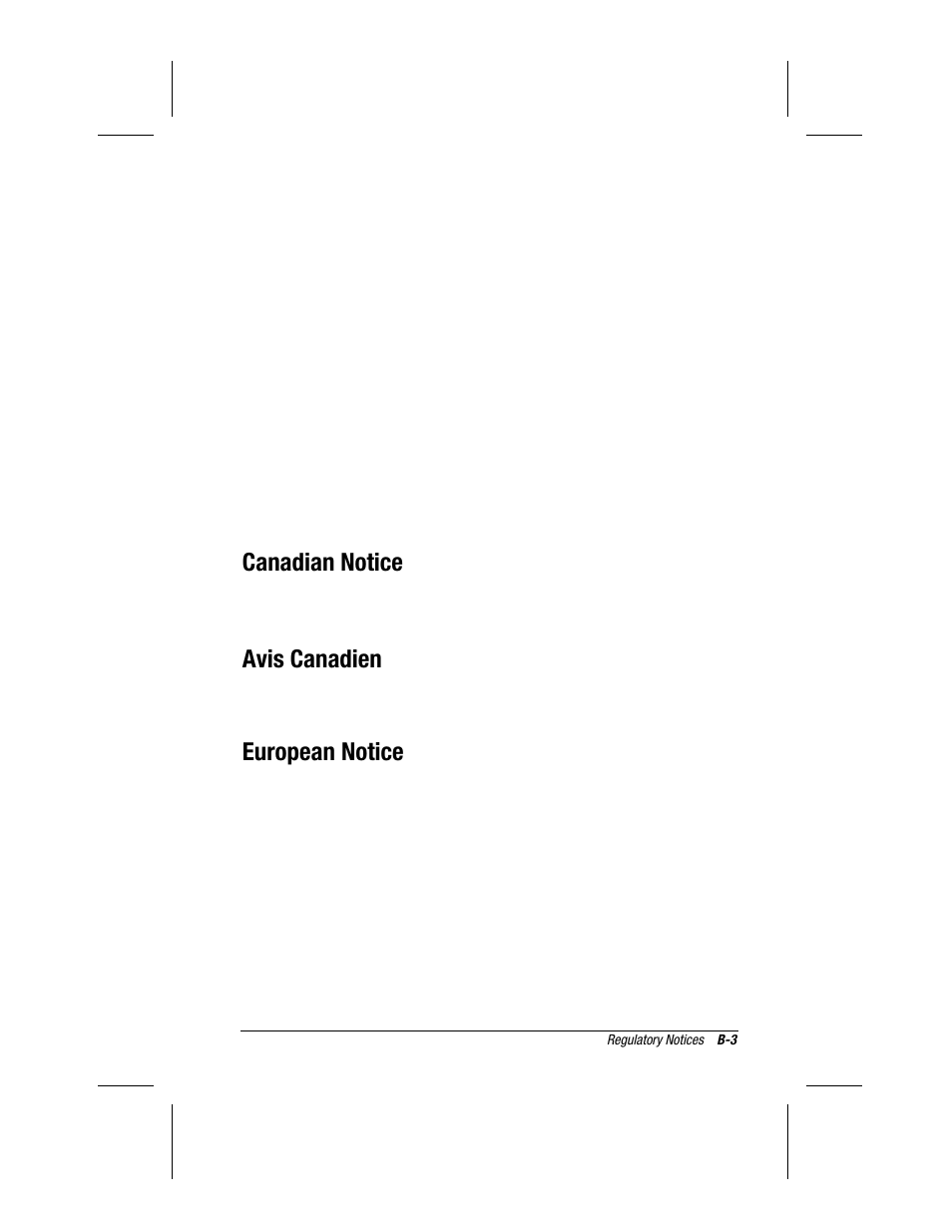 Canadian notice, Avis canadien, European notice | Compaq 3500 User Manual | Page 167 / 182