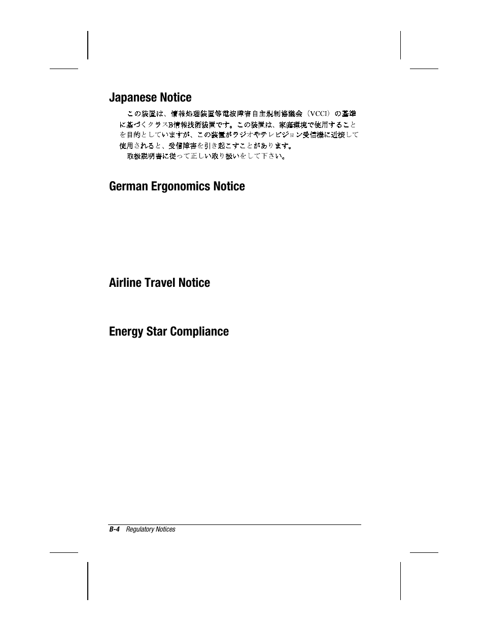 Japanese notice german ergonomics notice, Airline travel notice, Energy star compliance | Compaq 3500 User Manual | Page 168 / 182
