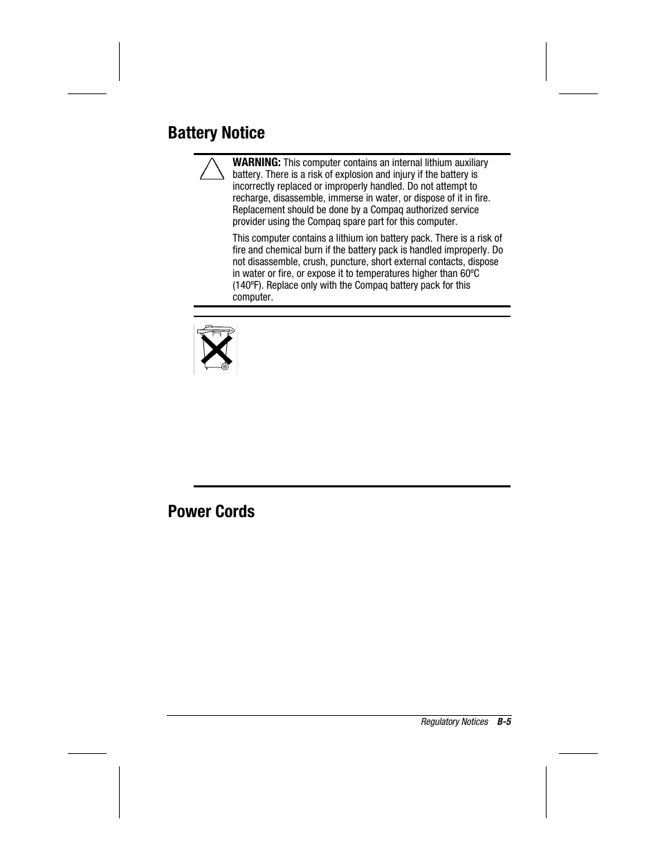 Battery notice, Power cords | Compaq 3500 User Manual | Page 169 / 182