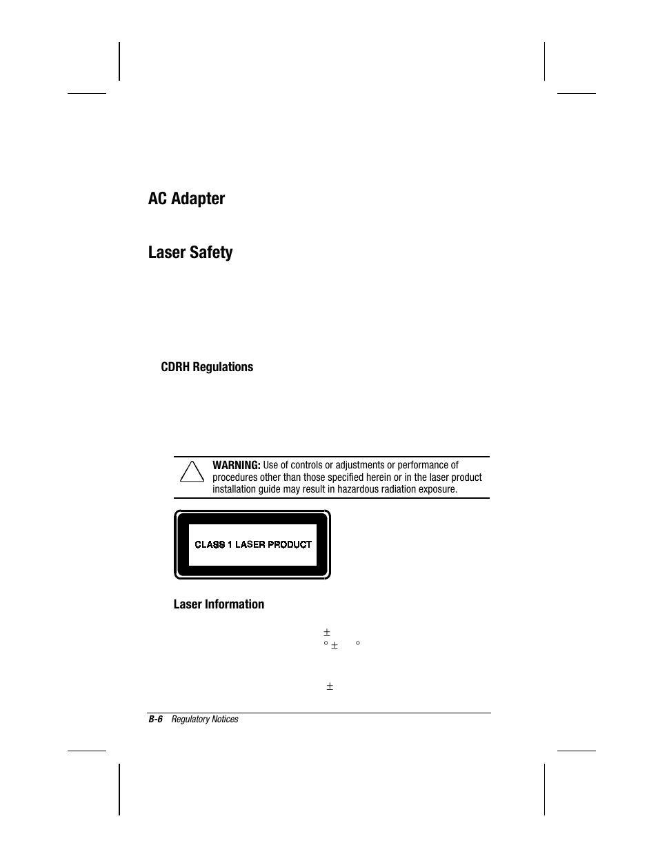 Ac adapter, Laser safety | Compaq 3500 User Manual | Page 170 / 182
