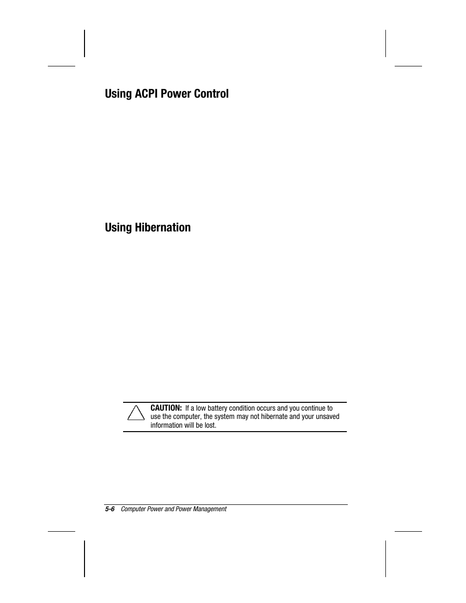 Using acpi power control, Using hibernation | Compaq 3500 User Manual | Page 54 / 182