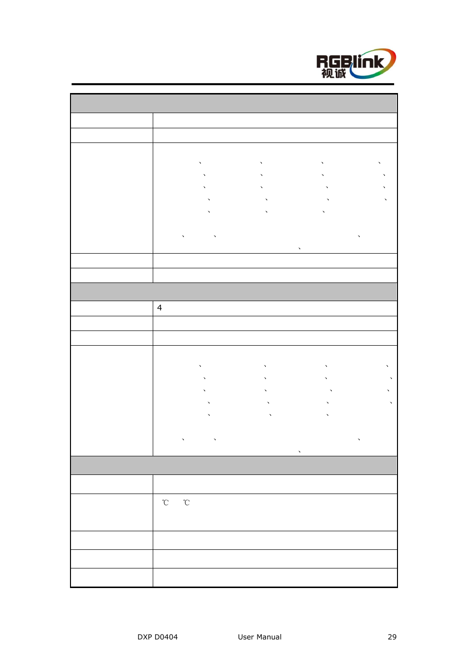 A. specification, Specification, A . specification | RGBLink DXP D0404 User Manual User Manual | Page 29 / 30