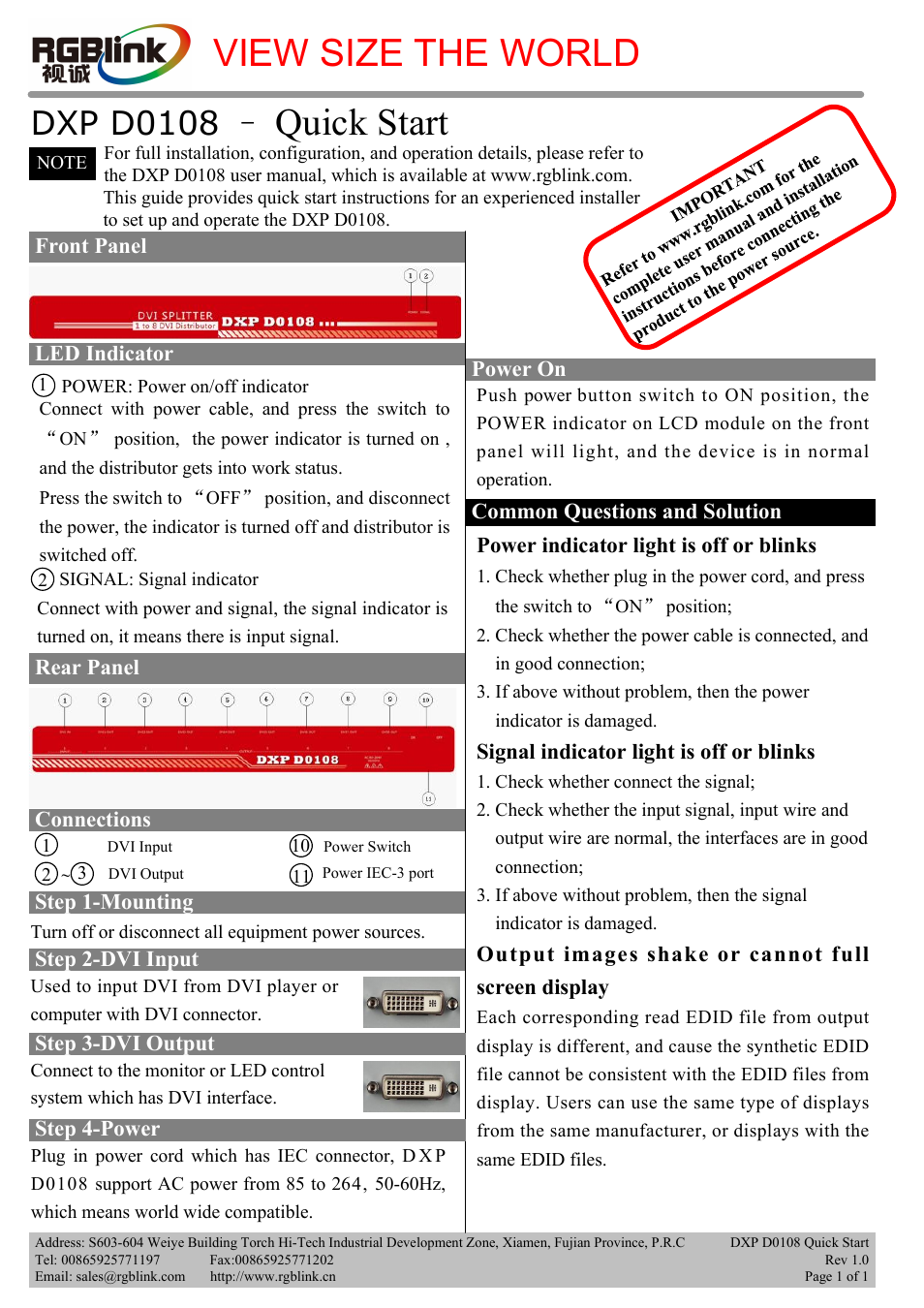 RGBLink DXP D0108 Quick Start User Manual | 1 page