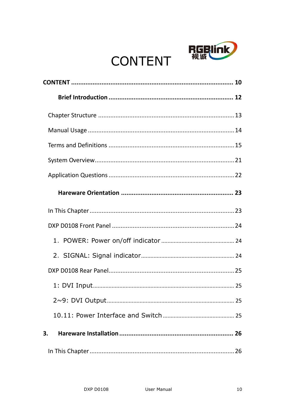 Content | RGBLink DXP D0108 User Manual User Manual | Page 10 / 31
