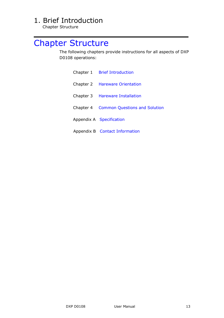 Chapter structure, Brief introduction | RGBLink DXP D0108 User Manual User Manual | Page 13 / 31