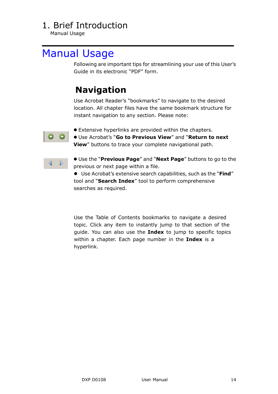 Manual usage, Brief introduction, Navigation | Catalogue and index | RGBLink DXP D0108 User Manual User Manual | Page 14 / 31