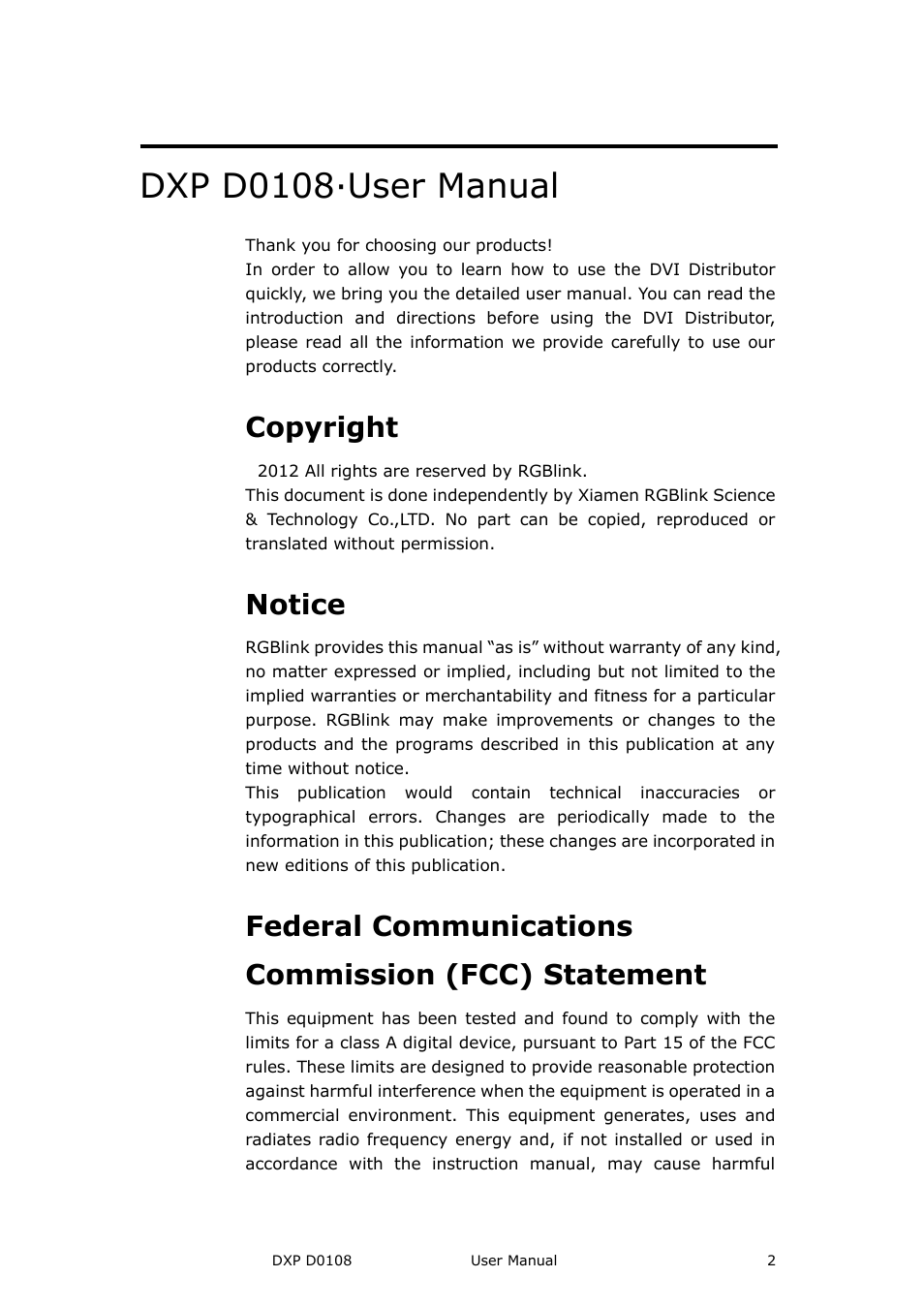 Dxp d0108· user manual, Copyright, Notice | Federal communications commission (fcc) statement | RGBLink DXP D0108 User Manual User Manual | Page 2 / 31