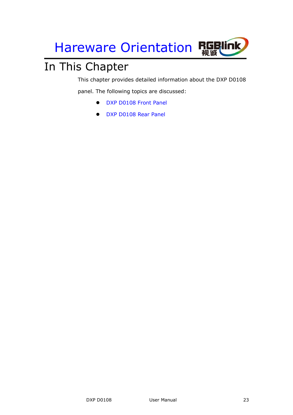 Hareware orientation, In this chapter | RGBLink DXP D0108 User Manual User Manual | Page 23 / 31