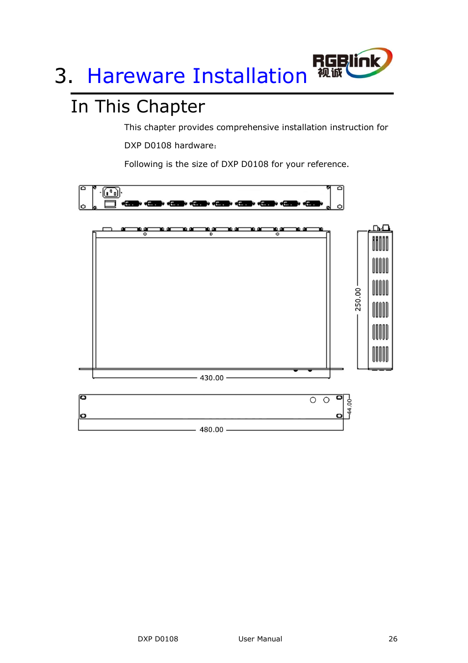 Hareware installation, In this chapter | RGBLink DXP D0108 User Manual User Manual | Page 26 / 31