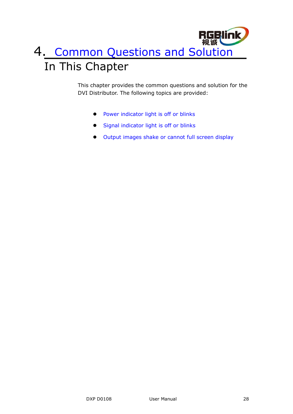 Common questions and solution, In this chapter | RGBLink DXP D0108 User Manual User Manual | Page 28 / 31