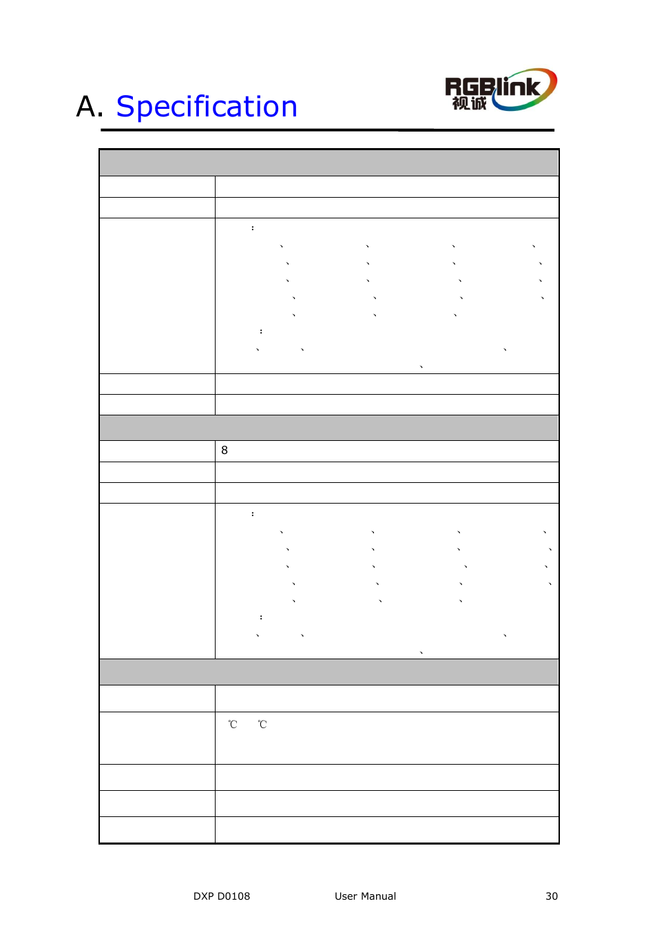 A. specification, Specification, A . specification | RGBLink DXP D0108 User Manual User Manual | Page 30 / 31