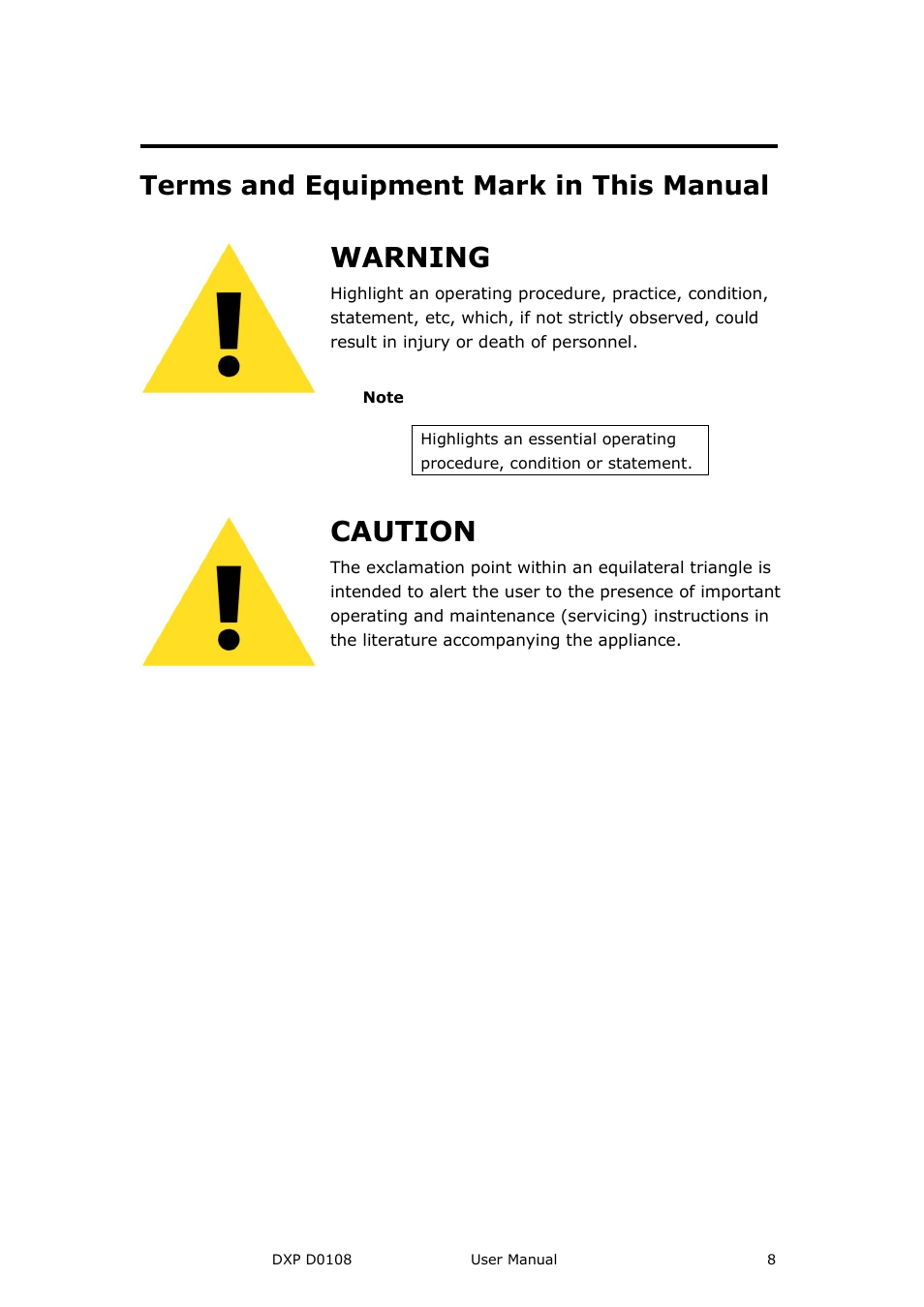 Warning, Caution, Terms and equipment mark in this manual | RGBLink DXP D0108 User Manual User Manual | Page 8 / 31