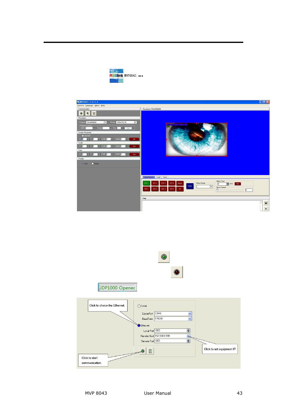 Software operation, Connection, Communication software guideline | RGBLink MVP 8043 User Manual User Manual | Page 43 / 85