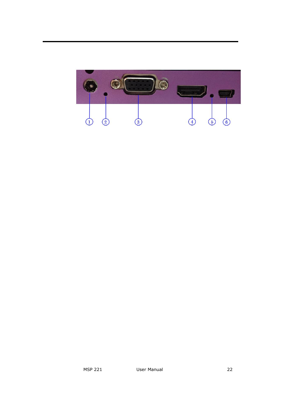 Input and other interface, Vga input, Hdmi input | Power, Usb interface, Indicator, Hardware orientation | RGBLink MSP 221 User Manual User Manual | Page 22 / 34