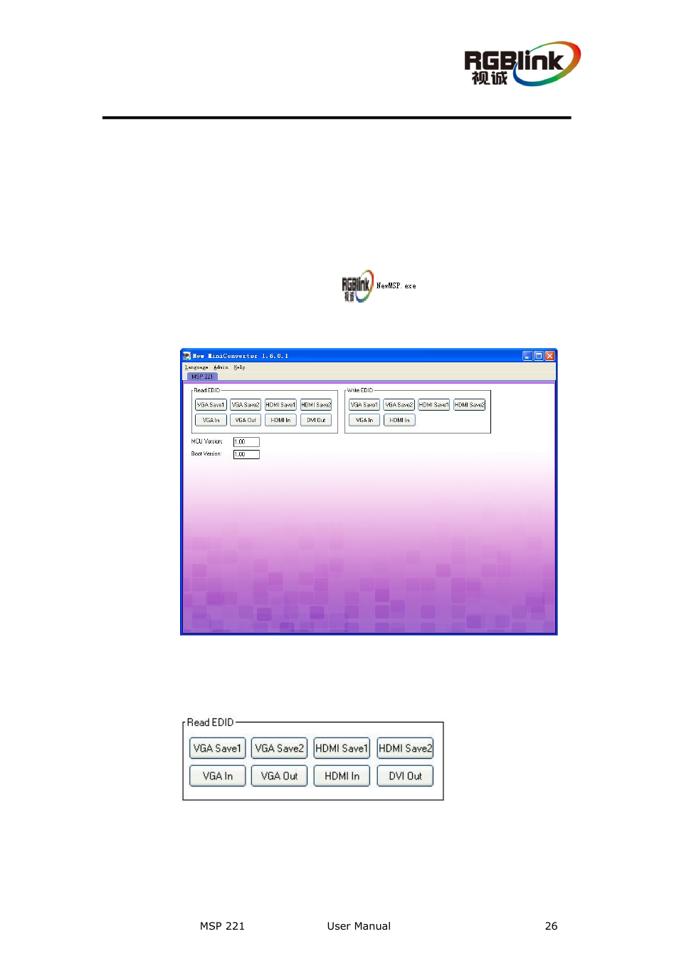 Communication software guideline, Running software, Read edid | RGBLink MSP 221 User Manual User Manual | Page 26 / 34