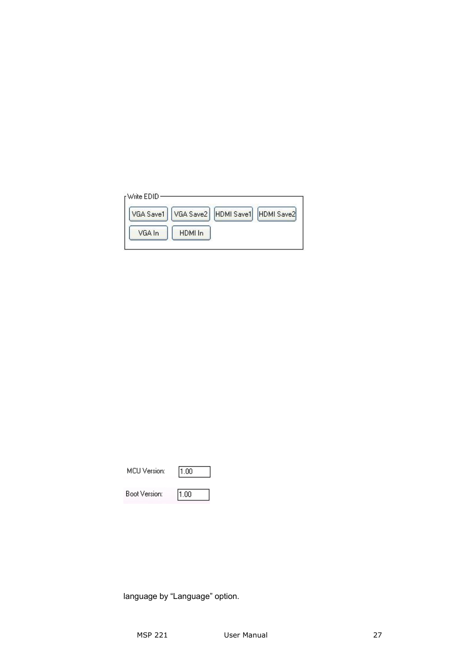 Write edid, Version, Video processor] options | Language | RGBLink MSP 221 User Manual User Manual | Page 27 / 34