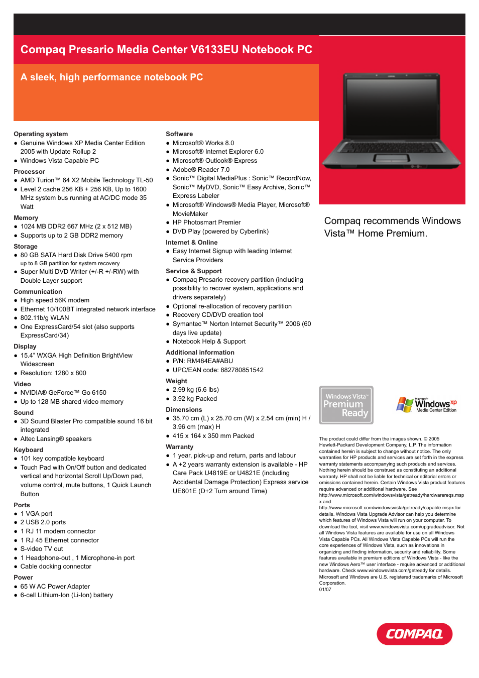 Compaq V6133EU User Manual | 1 page