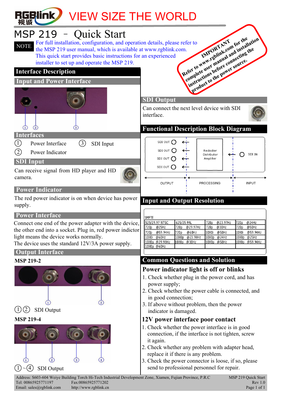 RGBLink MSP 219 Quick Start User Manual | 1 page