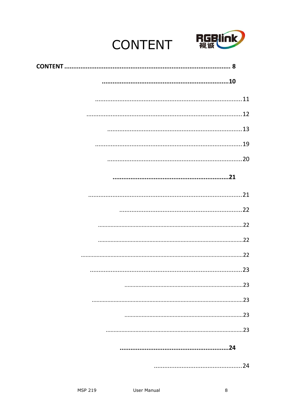 Content | RGBLink MSP 219 User Manual User Manual | Page 8 / 31