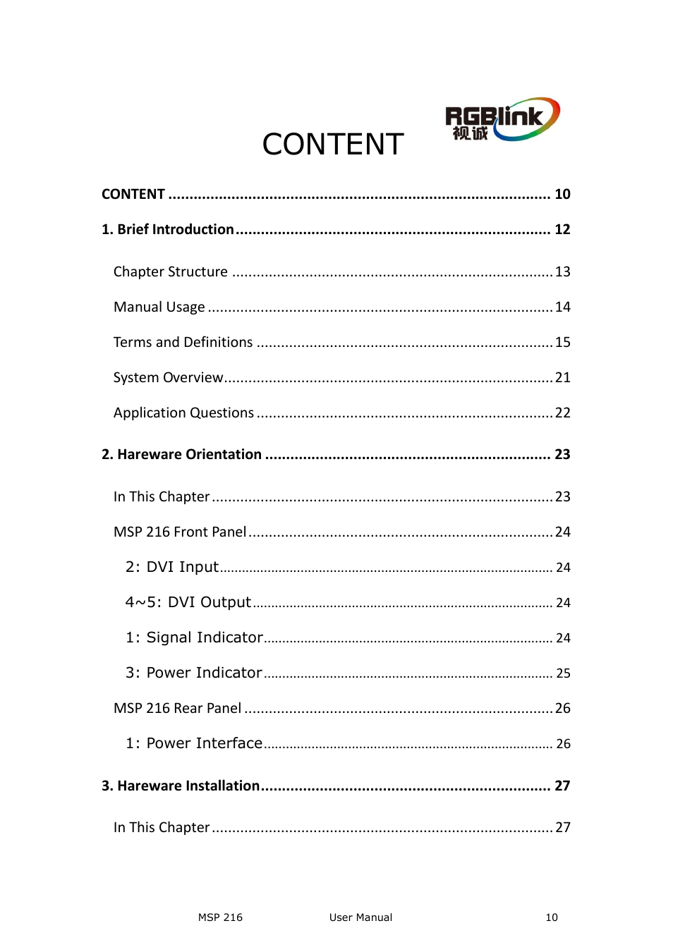 Content | RGBLink MSP 216 User Manual User Manual | Page 10 / 32