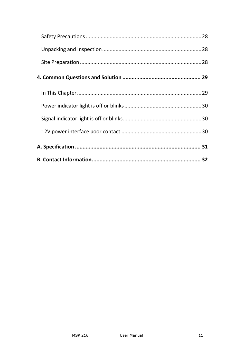 Safety precautions, Unpacking and inspection, Site preparation | Common questions and solution, Power indicator light is off or blinks, Signal indicator light is off or blinks, 12v power interface poor contact, A. specification, B. contact information | RGBLink MSP 216 User Manual User Manual | Page 11 / 32