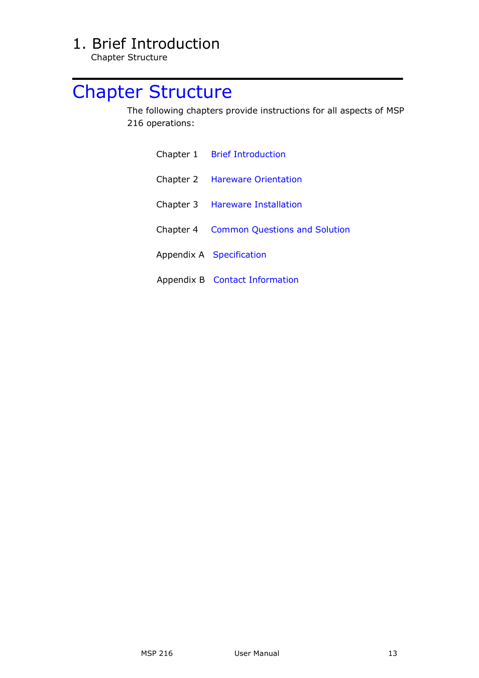 Chapter structure, Brief introduction | RGBLink MSP 216 User Manual User Manual | Page 13 / 32