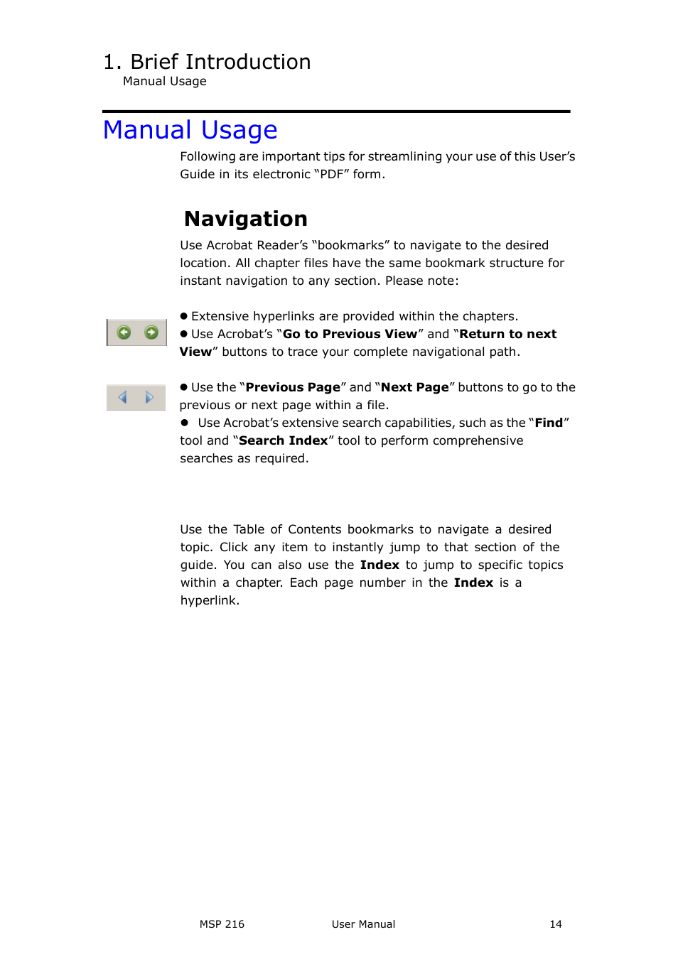 Manual usage, Brief introduction, Navigation | Catalogue and index | RGBLink MSP 216 User Manual User Manual | Page 14 / 32