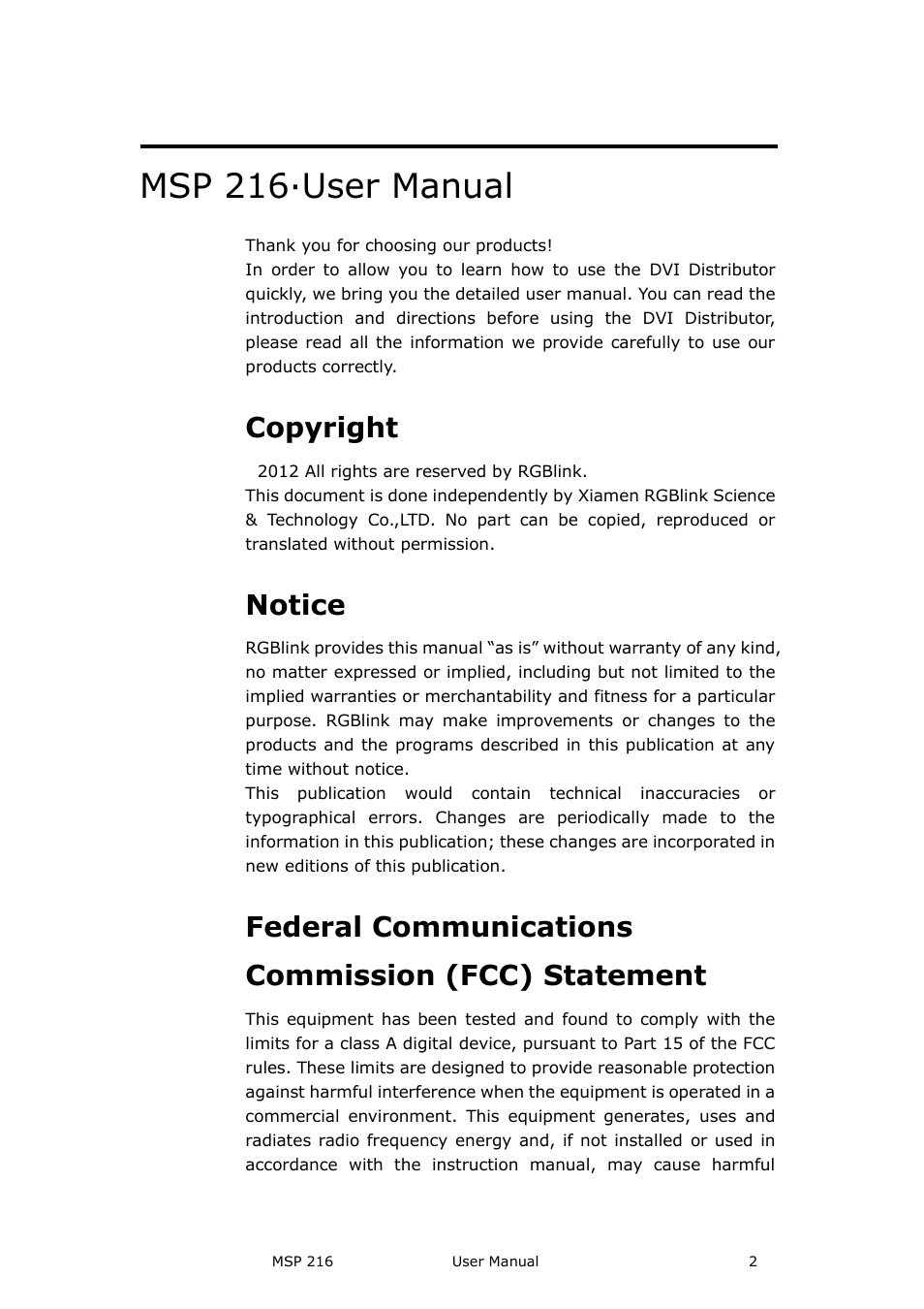 Msp 216· user manual, Copyright, Notice | Federal communications commission (fcc) statement | RGBLink MSP 216 User Manual User Manual | Page 2 / 32