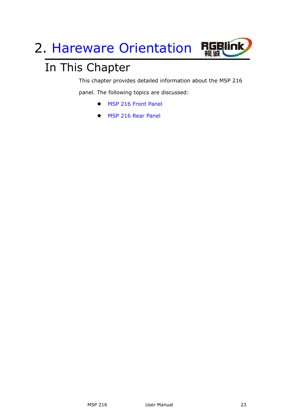 Hareware orientation, In this chapter | RGBLink MSP 216 User Manual User Manual | Page 23 / 32