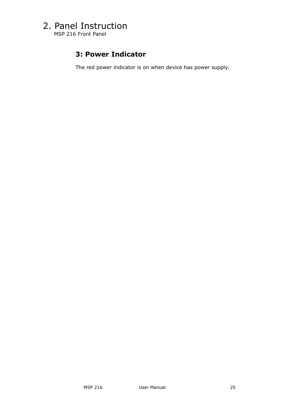 Power indicator, Panel instruction | RGBLink MSP 216 User Manual User Manual | Page 25 / 32
