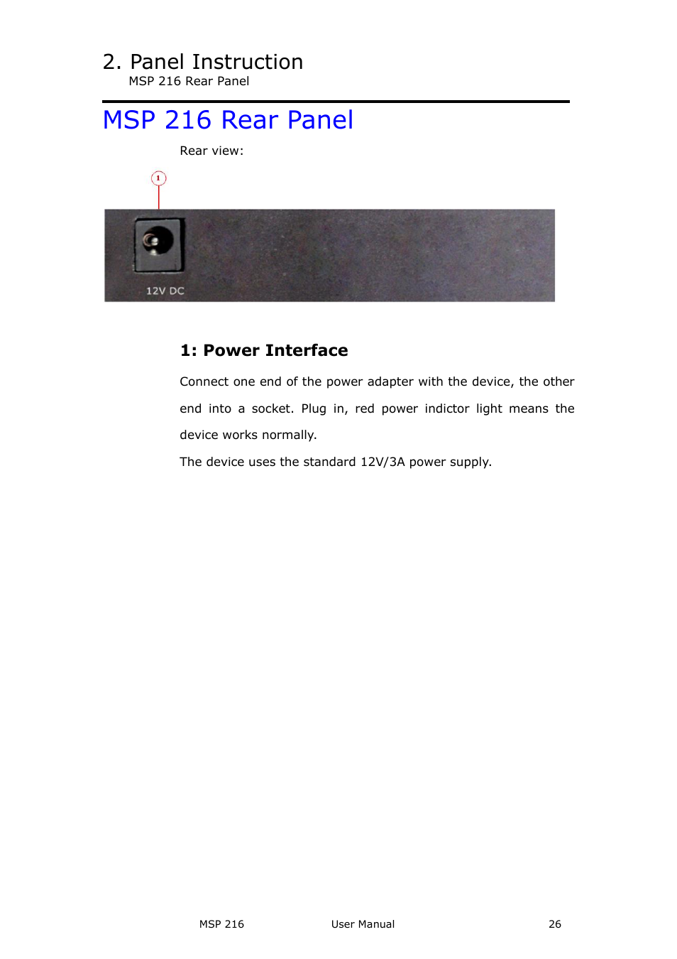 Msp 216 rear panel, Power interface, Panel instruction | RGBLink MSP 216 User Manual User Manual | Page 26 / 32
