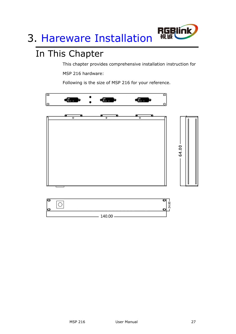 Hareware installation, In this chapter | RGBLink MSP 216 User Manual User Manual | Page 27 / 32