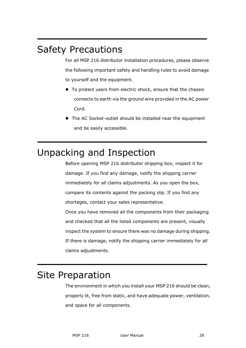 Safety precautions, Unpacking and inspection, Site preparation | RGBLink MSP 216 User Manual User Manual | Page 28 / 32