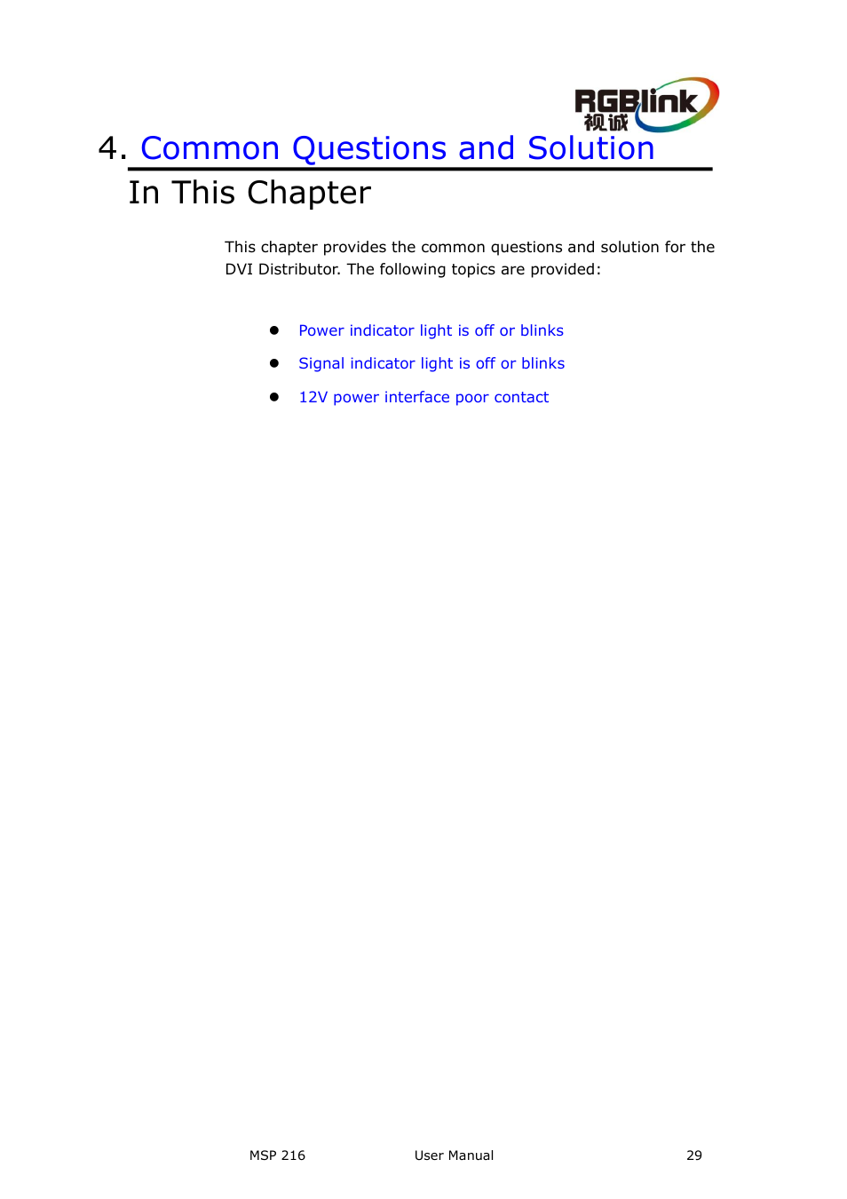 Common questions and solution, In this chapter | RGBLink MSP 216 User Manual User Manual | Page 29 / 32