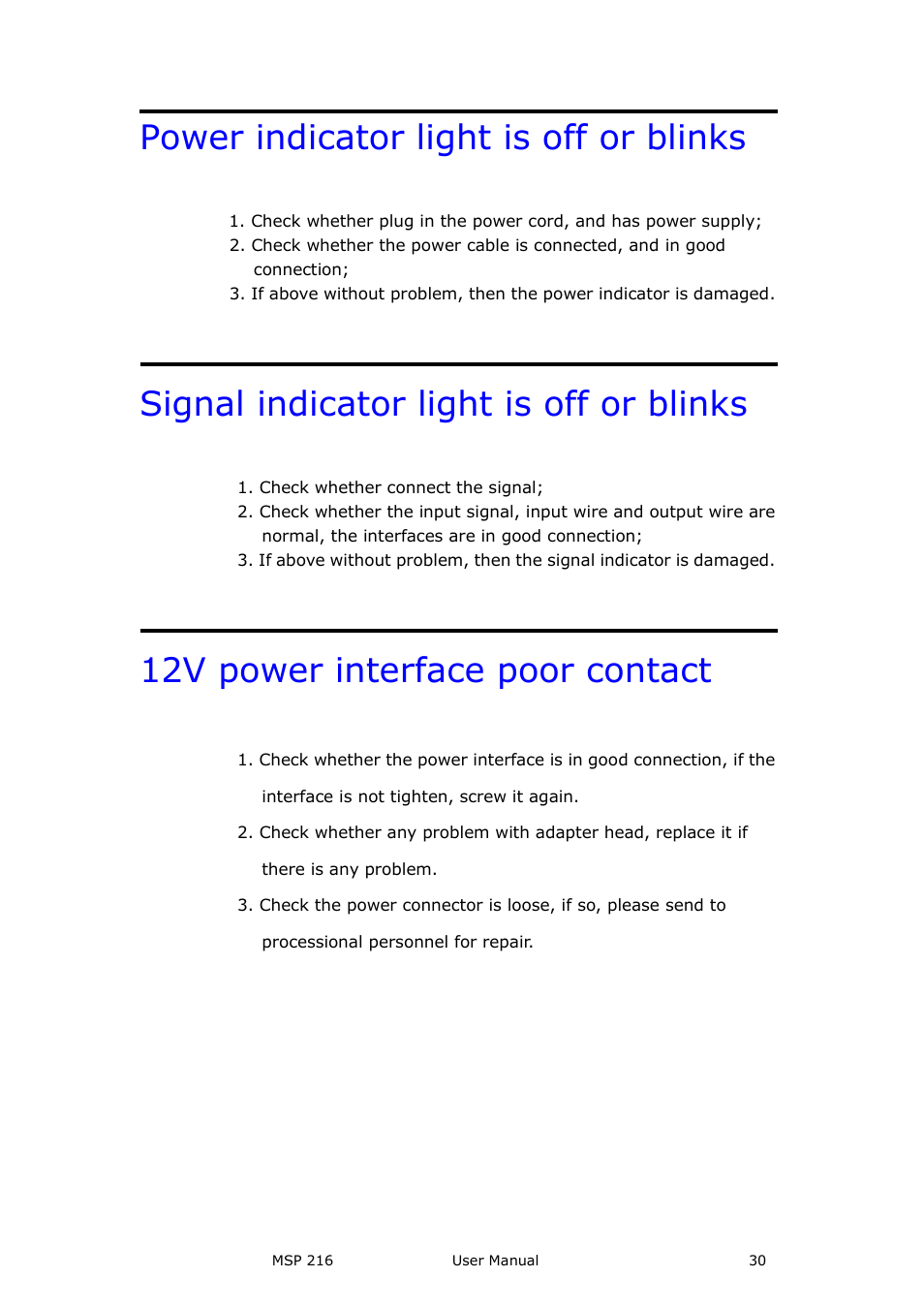 Power indicator light is off or blinks, Signal indicator light is off or blinks, 12v power interface poor contact | RGBLink MSP 216 User Manual User Manual | Page 30 / 32