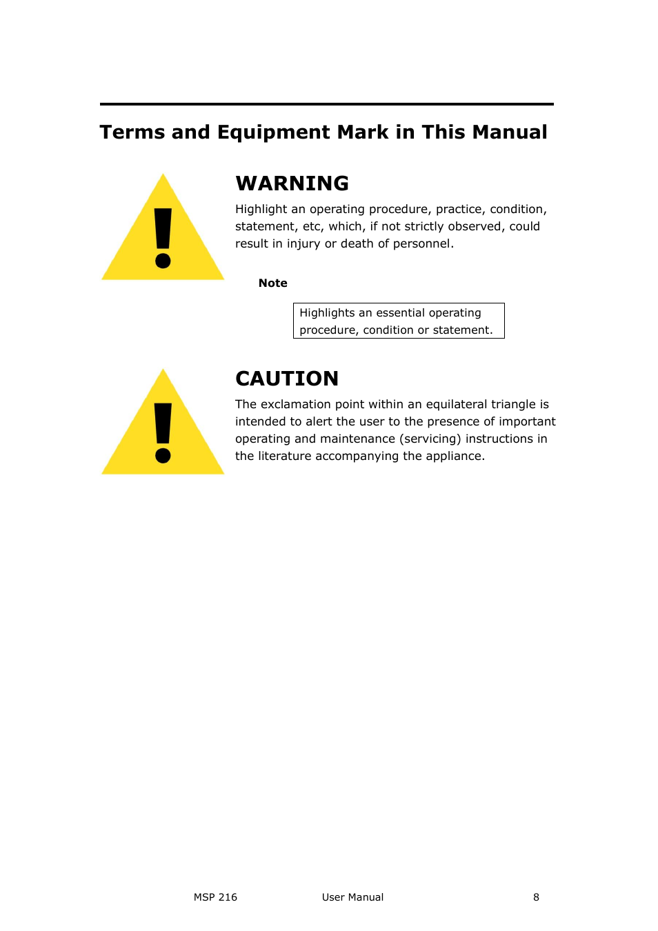 Warning, Caution, Terms and equipment mark in this manual | RGBLink MSP 216 User Manual User Manual | Page 8 / 32