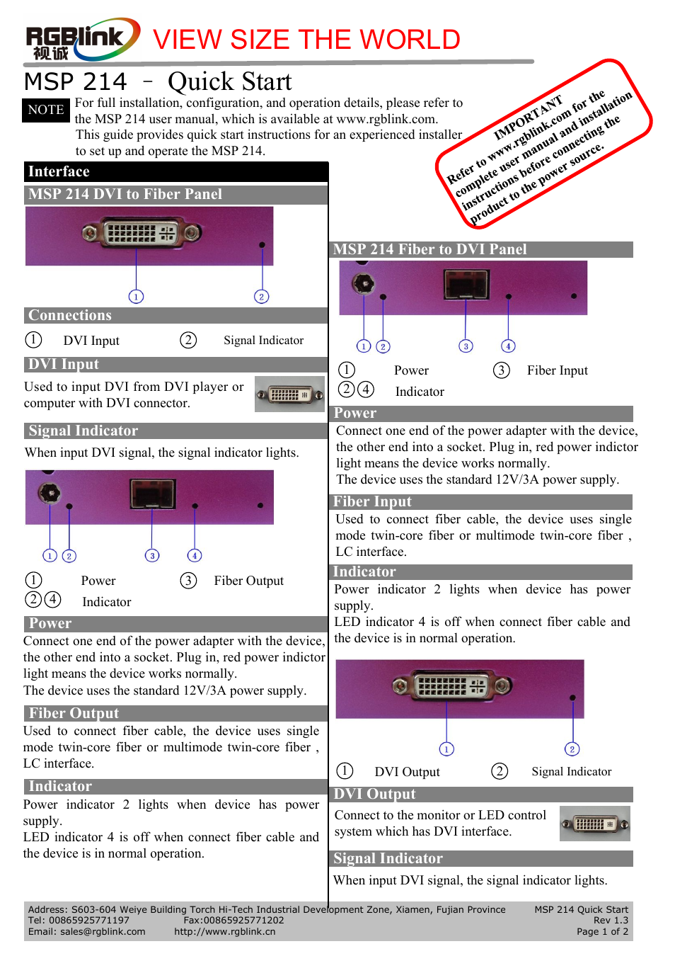 RGBLink MSP 214 Quick Start User Manual | 2 pages