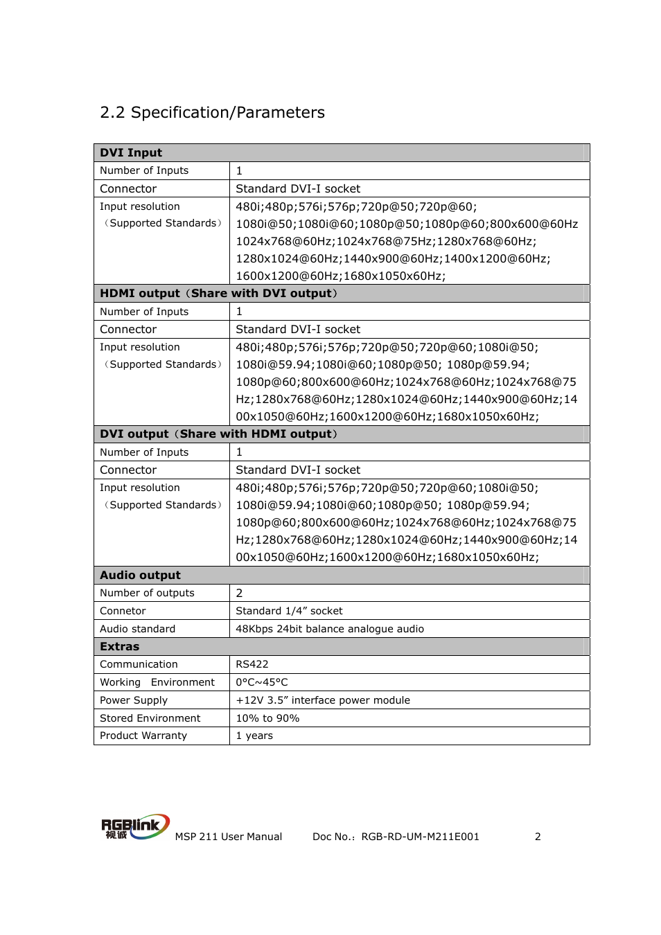 2 specification/parameters | RGBLink MSP 211 User Manual User Manual | Page 5 / 13