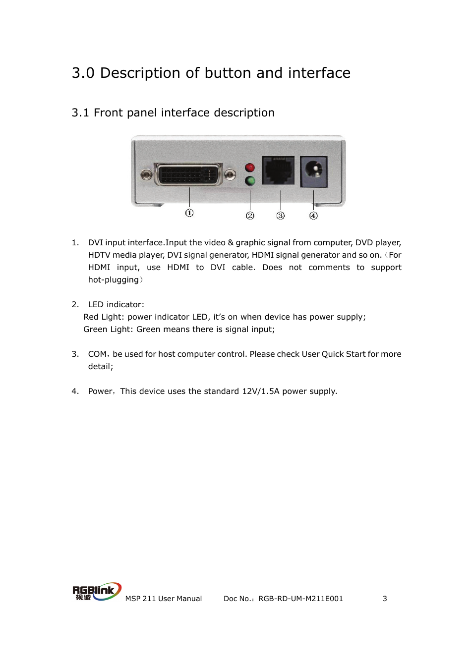 0 description of button and interface, 1 front panel interface description | RGBLink MSP 211 User Manual User Manual | Page 6 / 13