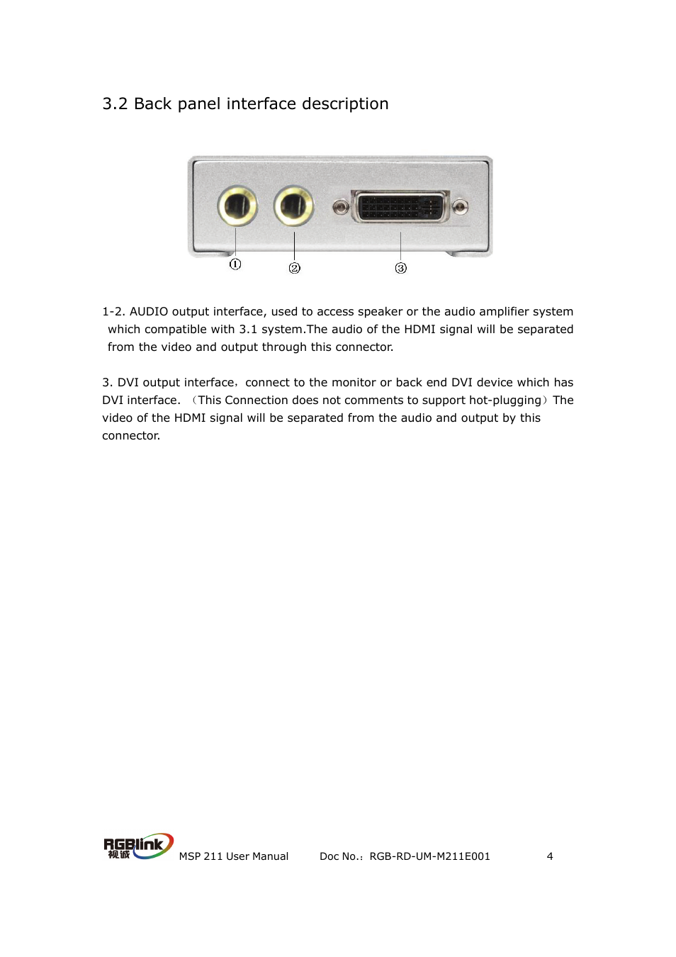 2 back panel interface description | RGBLink MSP 211 User Manual User Manual | Page 7 / 13