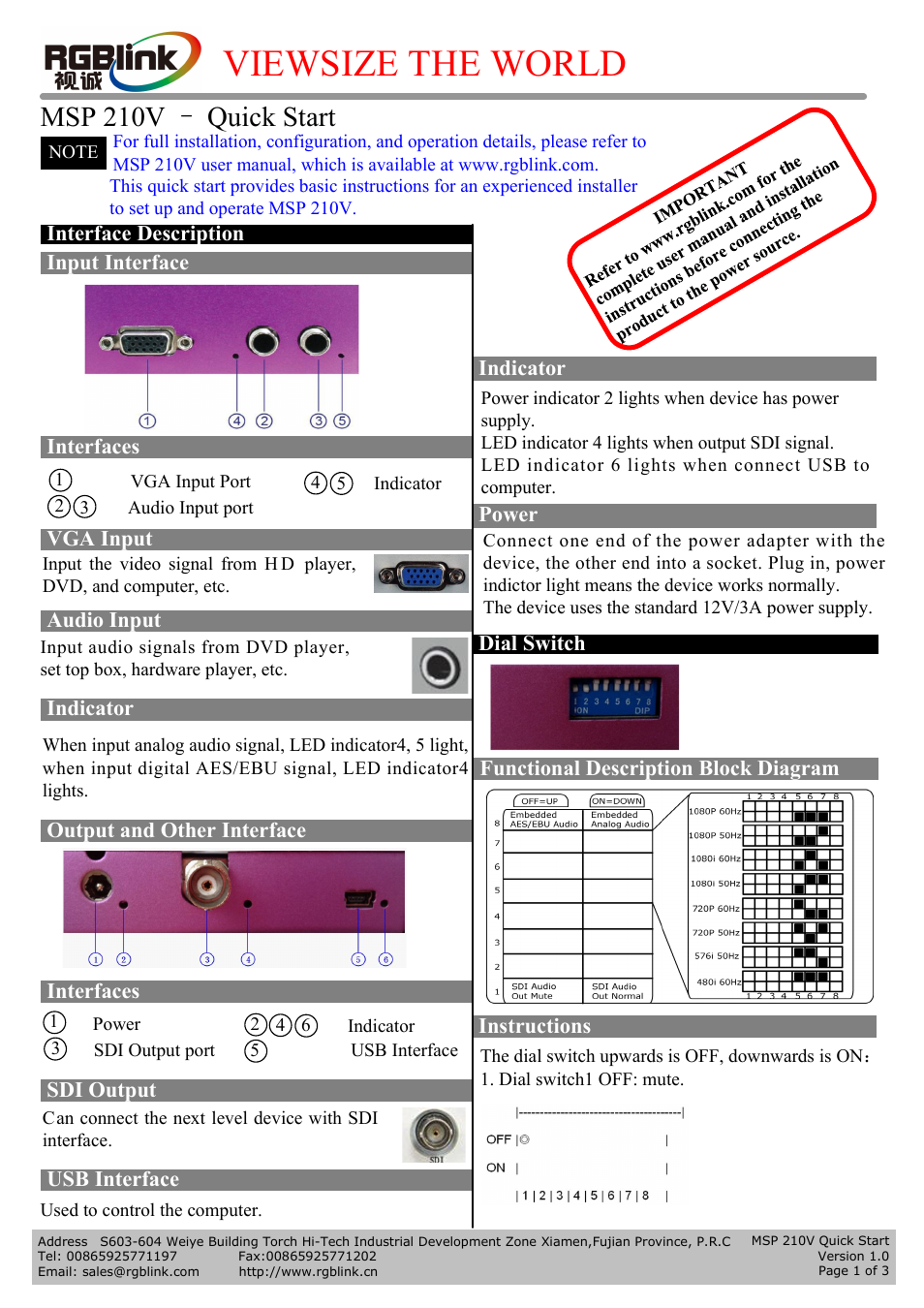 RGBLink MSP 210V Quick Start User Manual | 3 pages