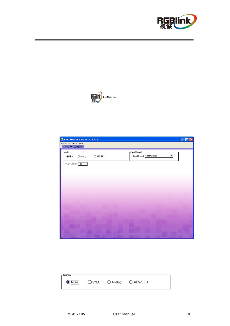 Communication software guideline, Running software, Audio | RGBLink MSP 210V User Manual User Manual | Page 30 / 35