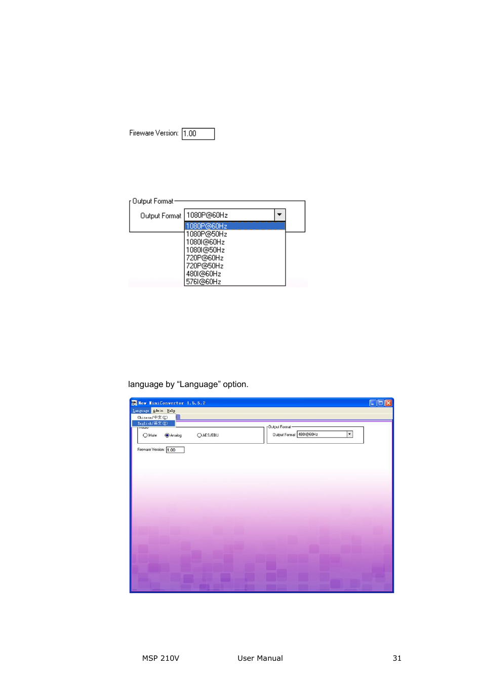 Version, Output format, Video processor] options | Language | RGBLink MSP 210V User Manual User Manual | Page 31 / 35